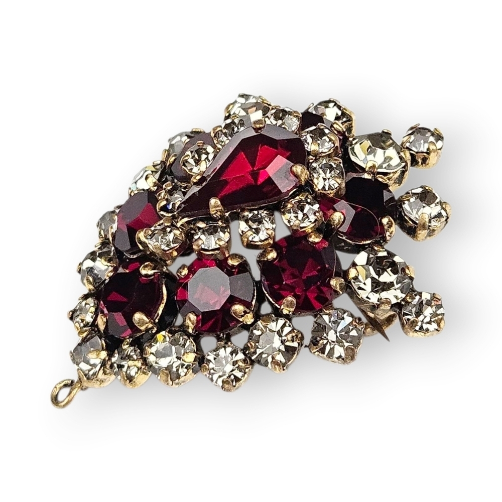 Vintage Domed Rhinestone Teardrop Brooch Dark Red Gray-White Glass Brass 1 5/8"